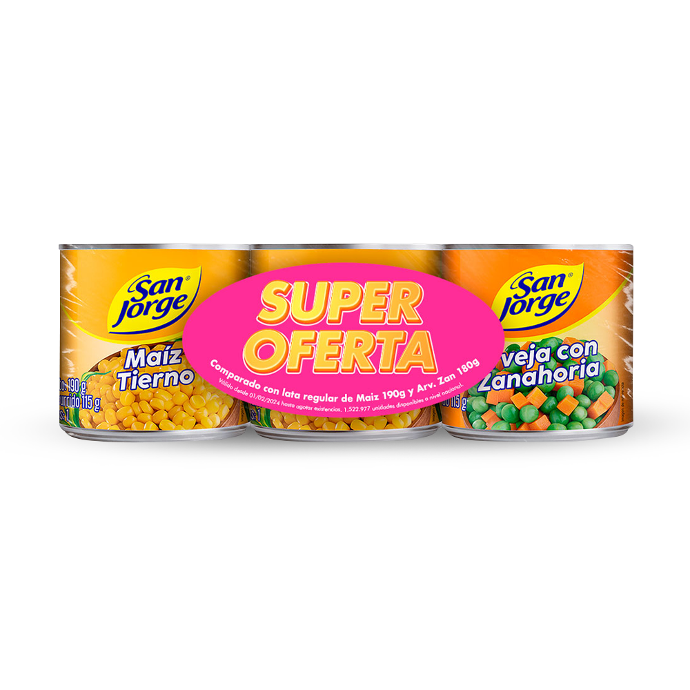 Oferta 2 Latas de Maíz x 190gr + Arveja Zanahoria x 180gr San Jorge