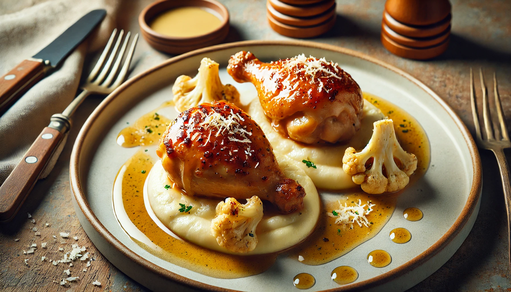 Muslos de Pollo Confitados con Reducción de Vinagreta César y Puré de Coliflor