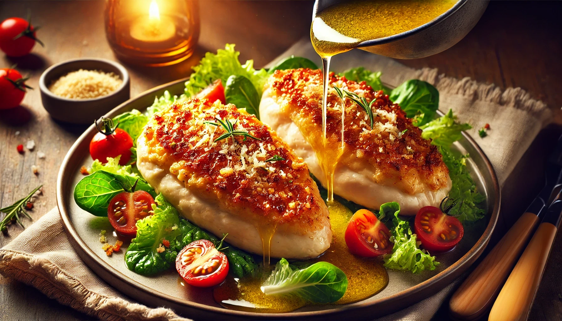 Pollo al Horno con Costra de Queso y Vinagreta César San Jorge